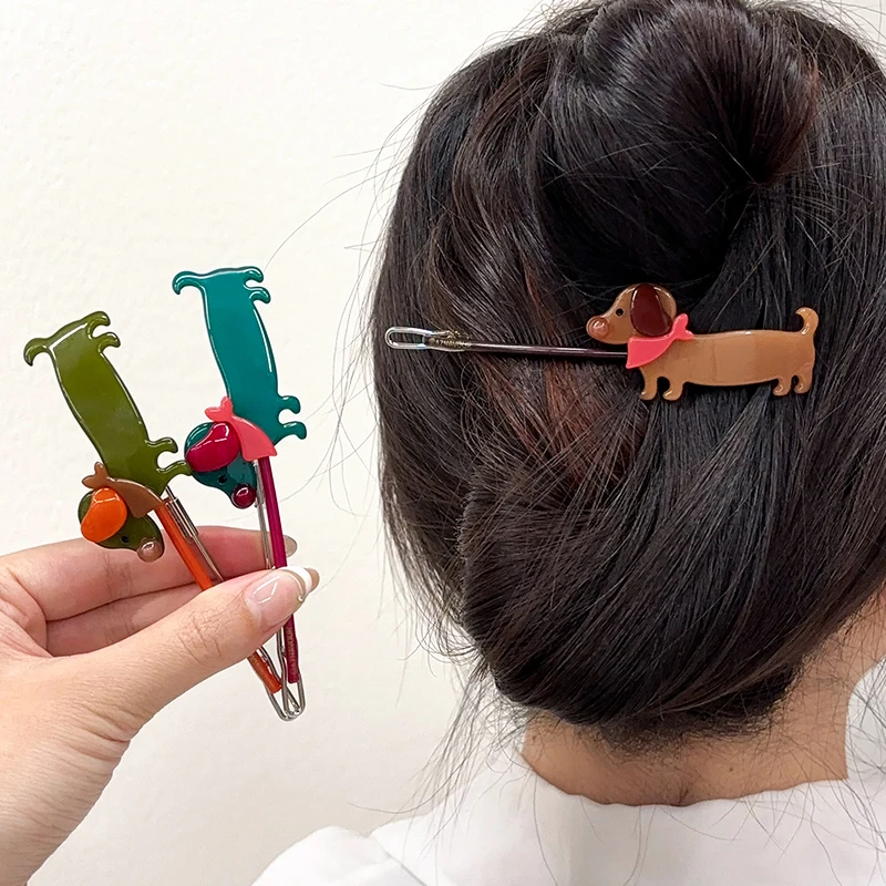 かわいいダックスフント犬のヘアクリップaznavour韓国スタイルのファッションヘアアクセサリー女の子用アンチエイジングサイドクリップ