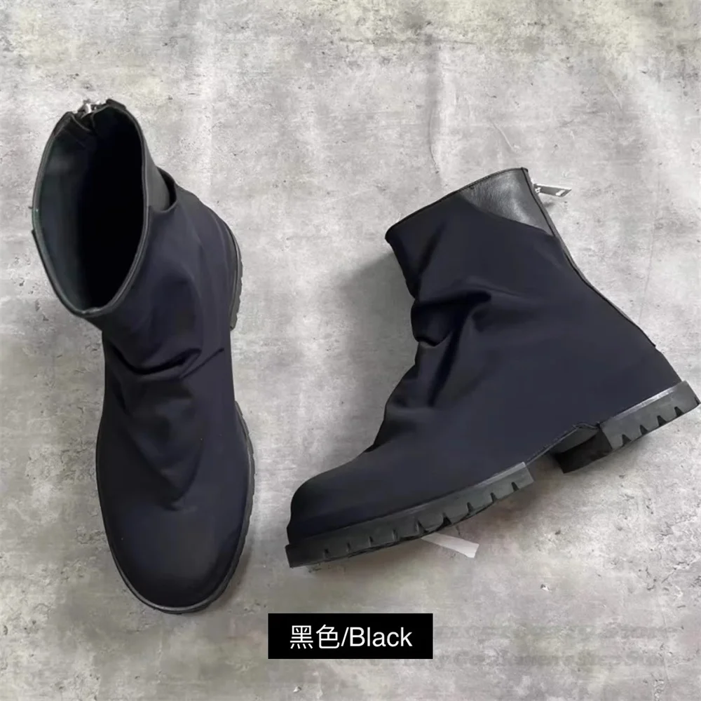 Soft Pleated Folded Canvas Back Zipper High Top British Style Retro Leather Thick Soled Short Boots Men Round Toe Chelsea Boots