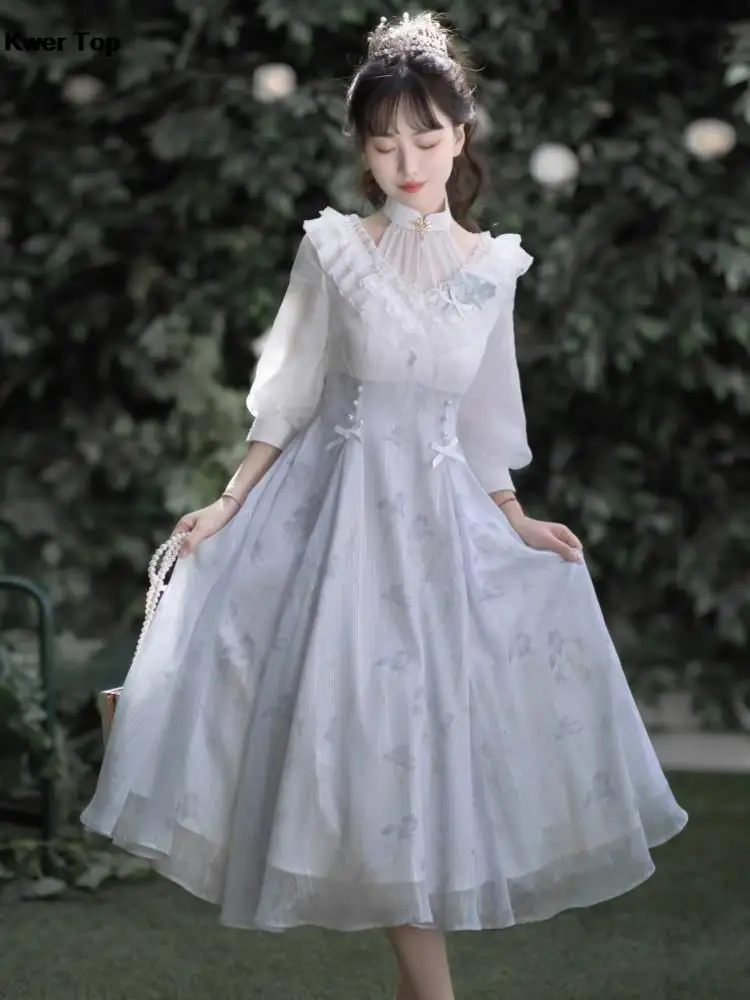 Women French Elelgant Vintage Midi Dress Korean Sweet Floral Birthday Dancing Parties Vestidos Summer New Slim A-line Clothing