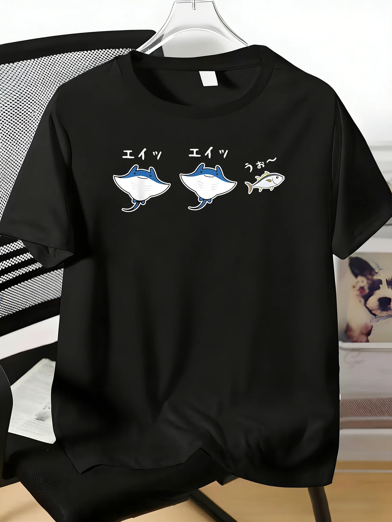 Men Red Crew Neck Tee Cute Manta Ray Fish Japanese Cartoon Graphic Soft Cotton Short Sleeve Summer Loose Daily Street T Shirt