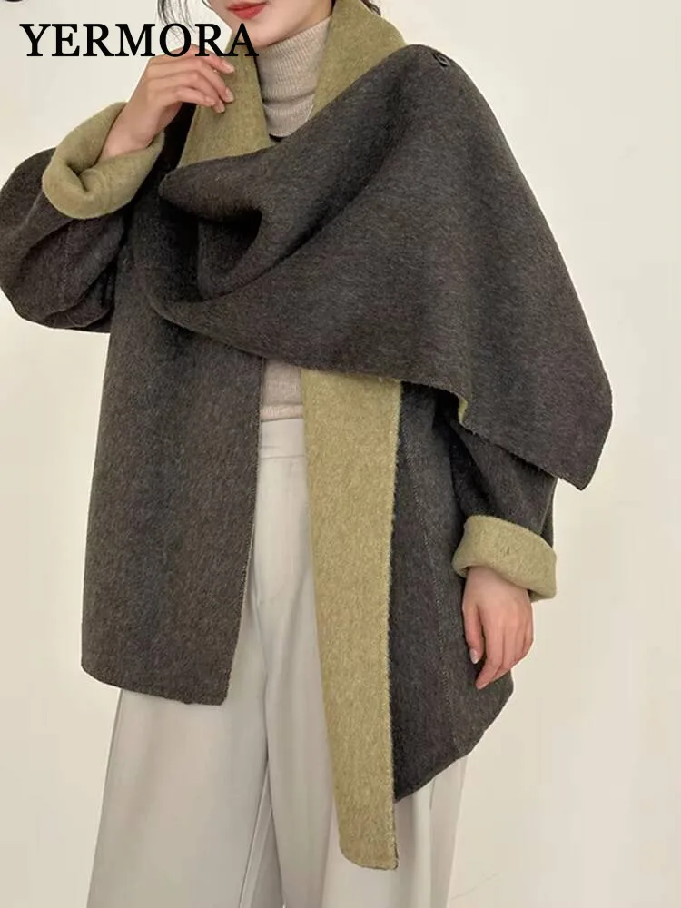 

YERMORA женский серый шарф с поясом, повседневное шерстяное пальто с длинным рукавом, свободное новое пальто с карманами, модное пальто, осень-зима 2025