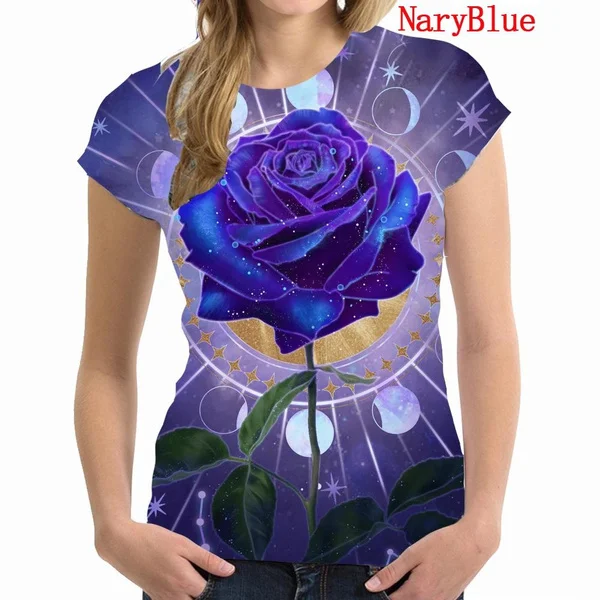 Women 3D Rose Flower Print T Shirt Fashion Ladies T-shirt New Summer Loose Women's Flowers Print Top