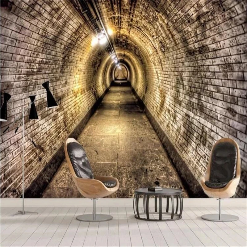 Customized products wallpaper photo 3D industrial wind cave brick wall tunnel background wall home decoration mural Waterproof