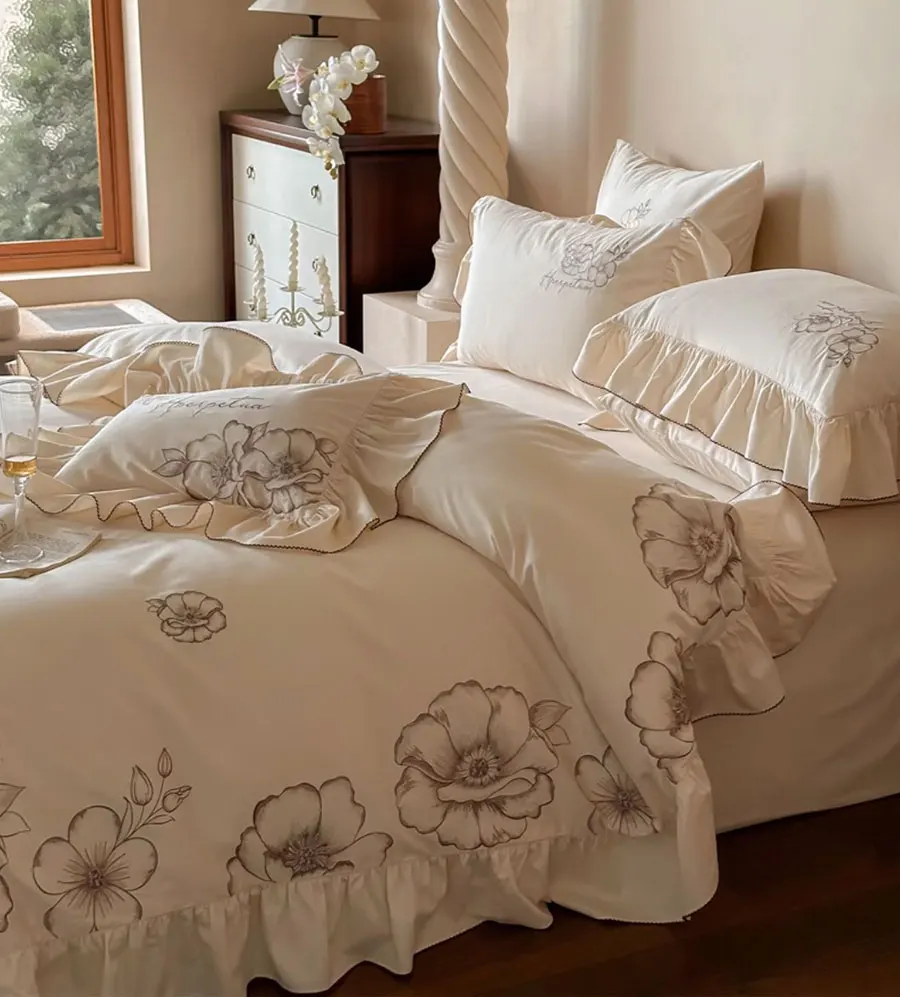 French embroidery flower bedding set,full queen king fairyfair ruffled cotton home textile bed sheet pillow case quilt cover