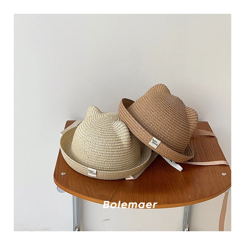 

Children's Straw Hat 2025 Korean Summer Kids Beach Hat Cute Bear Ear Vacation Girls Boys Outdoor Sun Hat