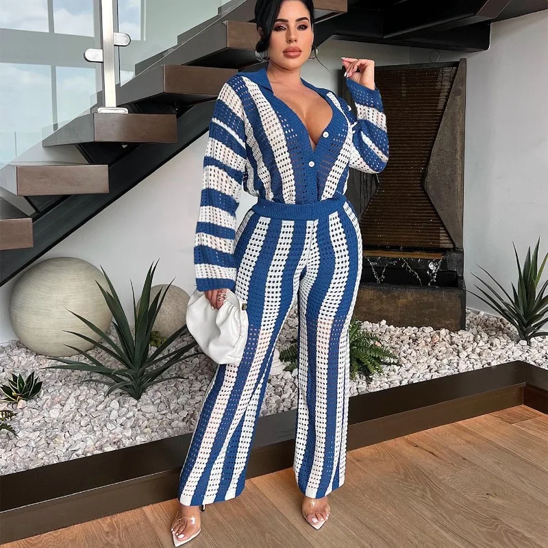 

2024 Summer Autumn Knitted Striped Hollow Out Casual 2 Piece Set Women V Neck Single Breasted Tops Straight Leg Pants Streetwear