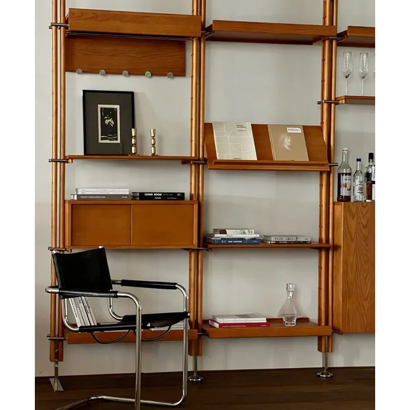 retro solid wood shelves, indomitable background wall bookshelves, multi-layer medieval display shelves, storage porch