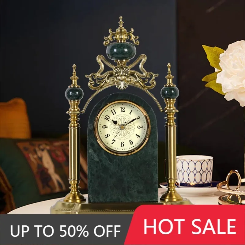 Classical Table Clock Green Ornate Marble Desk Clock Luxury Ceramic Desktop Clocks Home Villa Gold Metal Decorative Watch