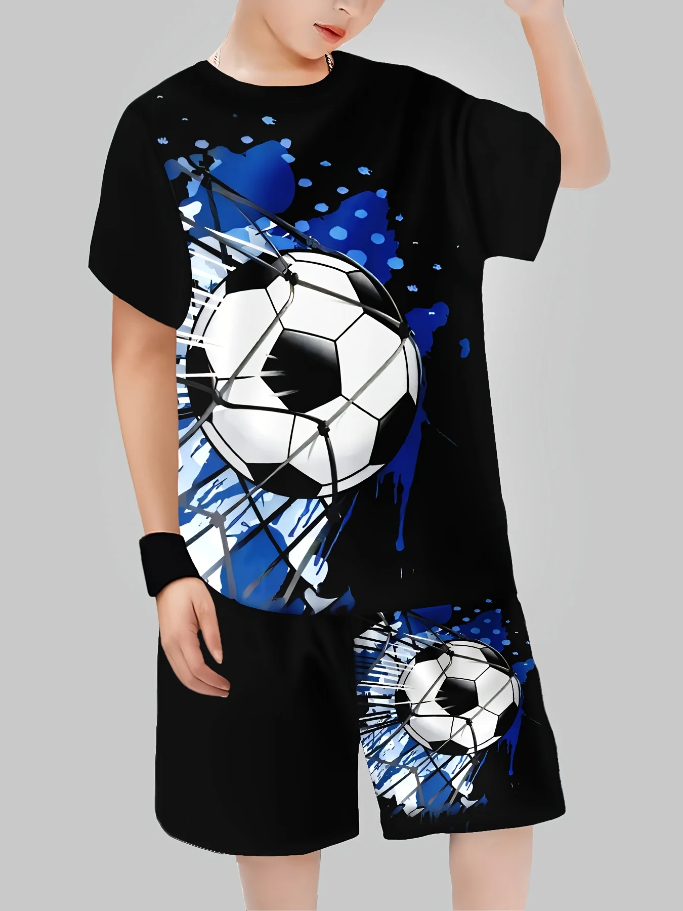 

Boys' Football 3D Printed Casual Outfit Black Short Sleeved T-shirt and Shorts Set, Durable Polyester Fiber, Machine Washable