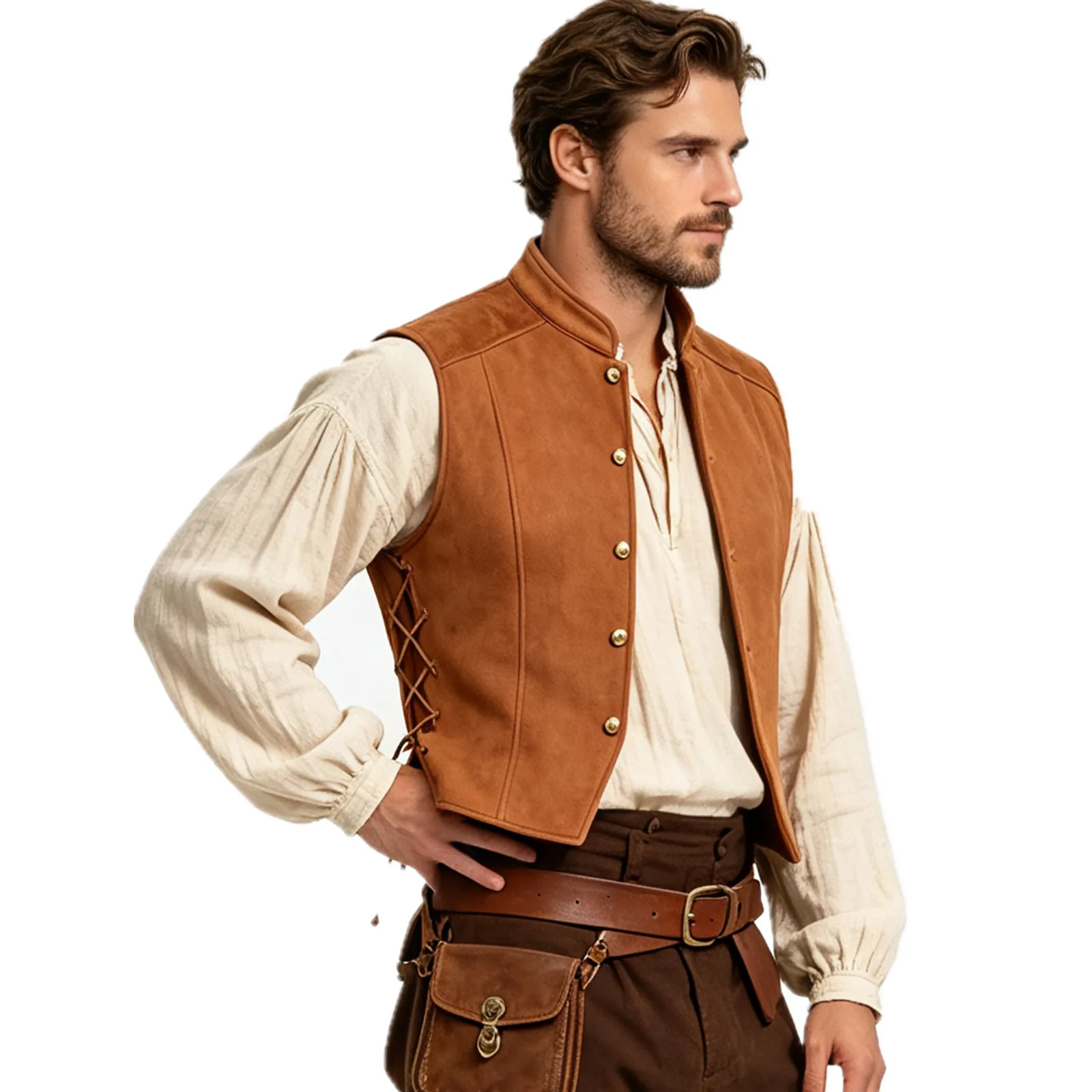 Disfraz de Capitán Pirata Vikingo Medieval para Hombre, Chaleco de Gamuza con Botones y Cordones, Estilo Renacentista Vintage para Fiesta de Disfraces