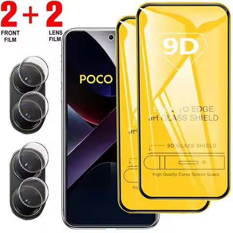 4in1 9D Tempered Glass For POCO X7 X6 X5 X4 X3 Pro NFC GT Lens Protecte For POCO M7 F6 F5 M6 Pro C75 C65 C40 HD Screen Protector