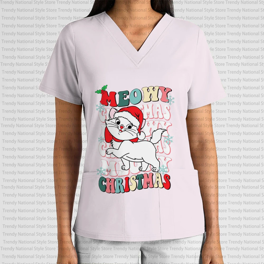 เสื้อยืดคอวีมีกระเป๋าสำหรับผู้หญิง ลายแมวมารี ดีไซน์แฟชั่น สำหรับชุดยูนิฟอร์มทำงาน ผ้าเนื้อนุ่ม ระบายอากาศดี เหมาะสำหรับใส่ในโรงพยาบาล คอลเลคชั่นใหม่ฤดูร้อน ดีไซน์คริสต์มาสจากดิสนีย์