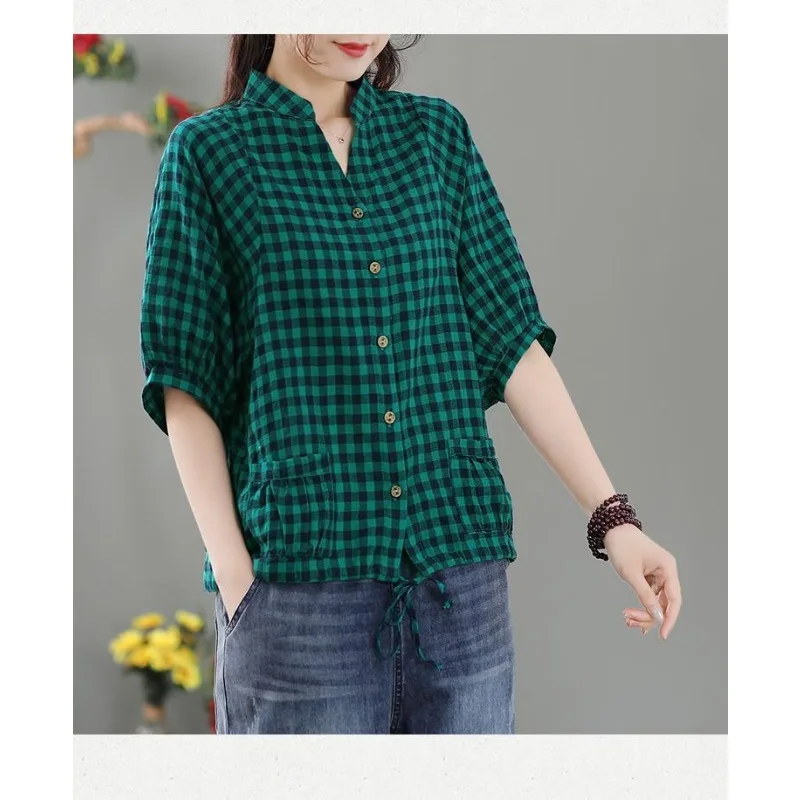 Retro xadrez impressão feminina 2025 fino elegante literário com decote em v manga média solta manga quarto botão topo