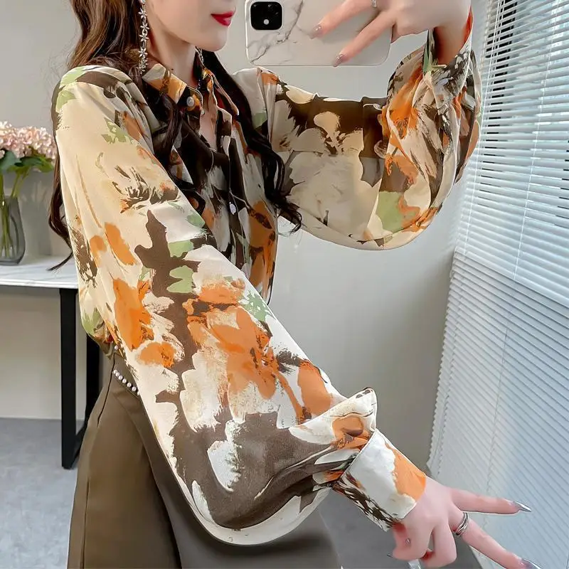 Floral Chiffon Shirt Women Niche Summer 2024 New Flip Collar Long Sleeve Tops Loose Sunscreen Clothing Printing All-match Shirt