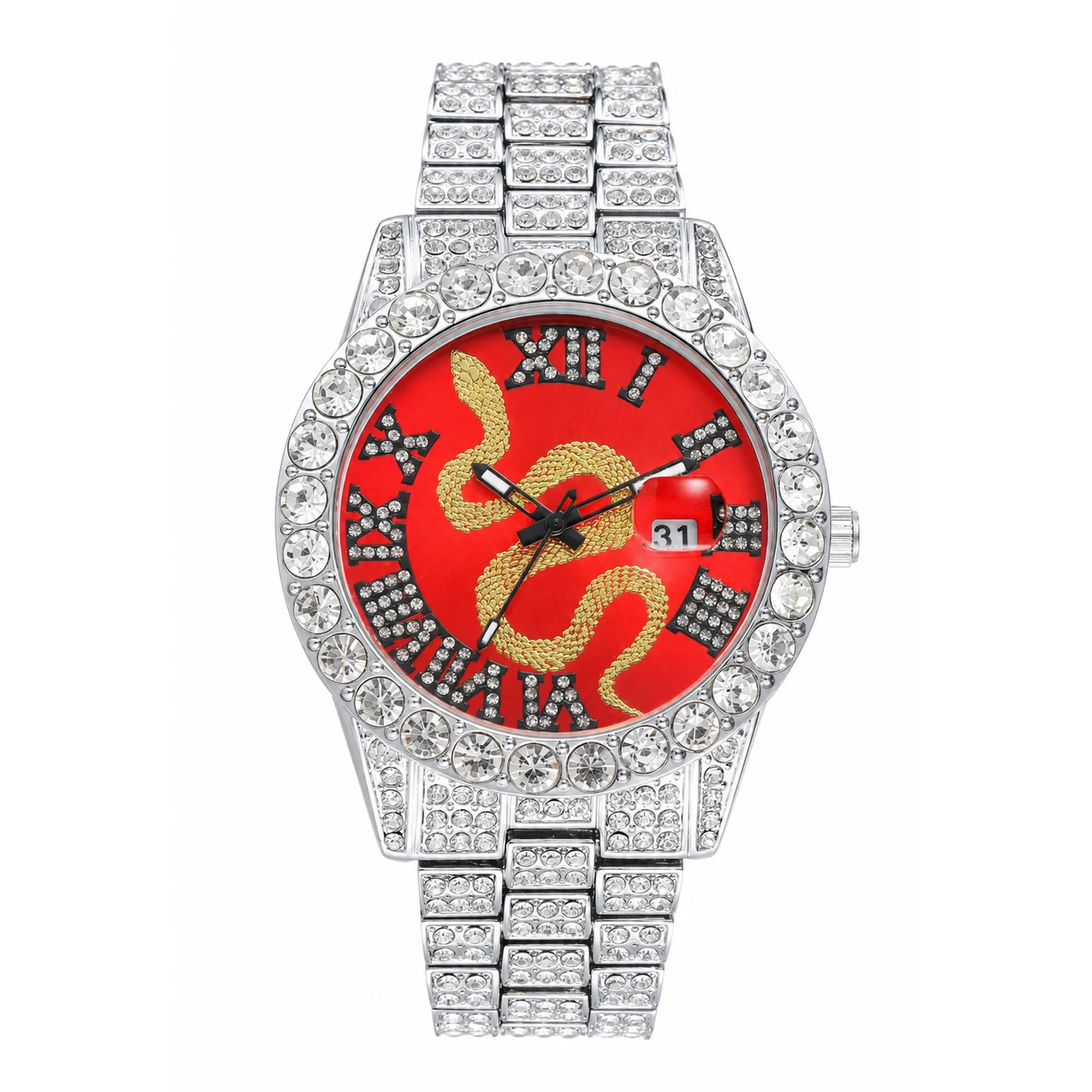 Luxury Unisex Snake Motif Quartz Watch Full Rhinestone Roman Numerals Dial Luminous Calendar Date Window Hip Hop Wristwatch
