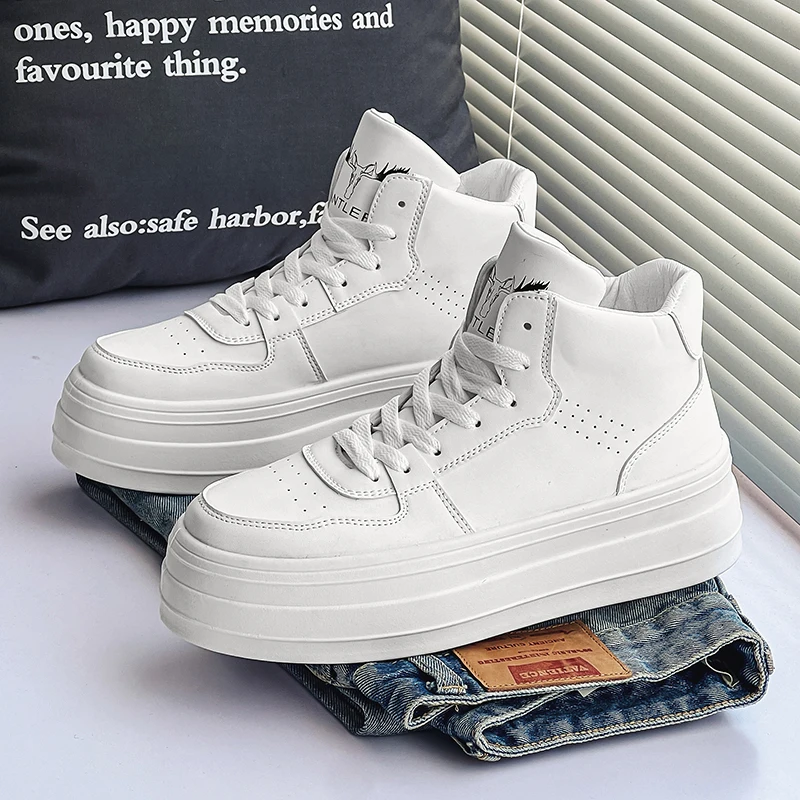 Men White Shoes Leather Casual Sneakers 2023 Trend Platform Shoes Comfortable Vulcanized Shoes for Men White Tenis Masculinos