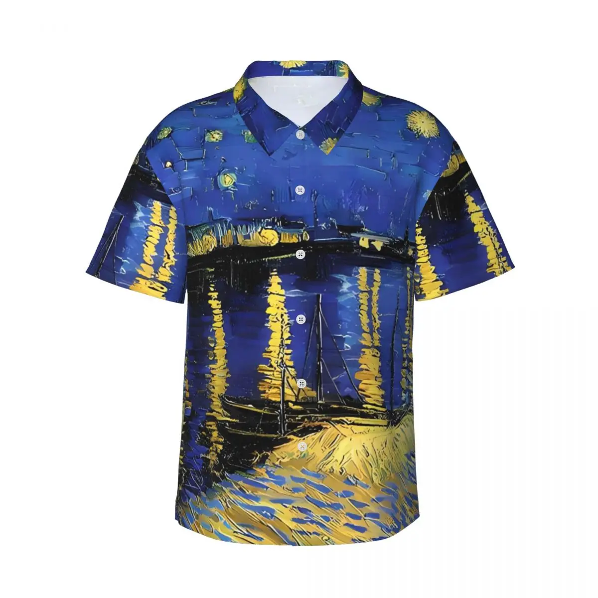 Van Gogh Beach Shirt Man Starry Night Over The Rhone Casual Shirts Summer Short Sleeve Trendy Oversized Blouses Gift Idea