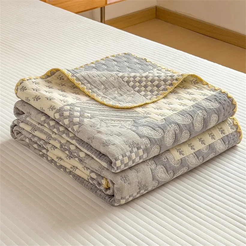 Reversible 100% Cotton Gauze Muslin Blanket Summer Quilt, Three Layer Pure Cotton Throw Blankets, Cooling Lightweight Soft Quilt
