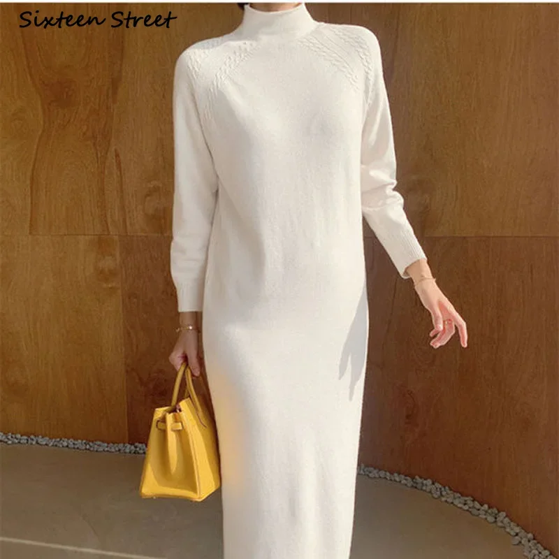 Winter Beige Cashmere Dress Women O-neck Elegant Long Sweater Dresses Female Vintage Runway Design Autumn Knit Vestido