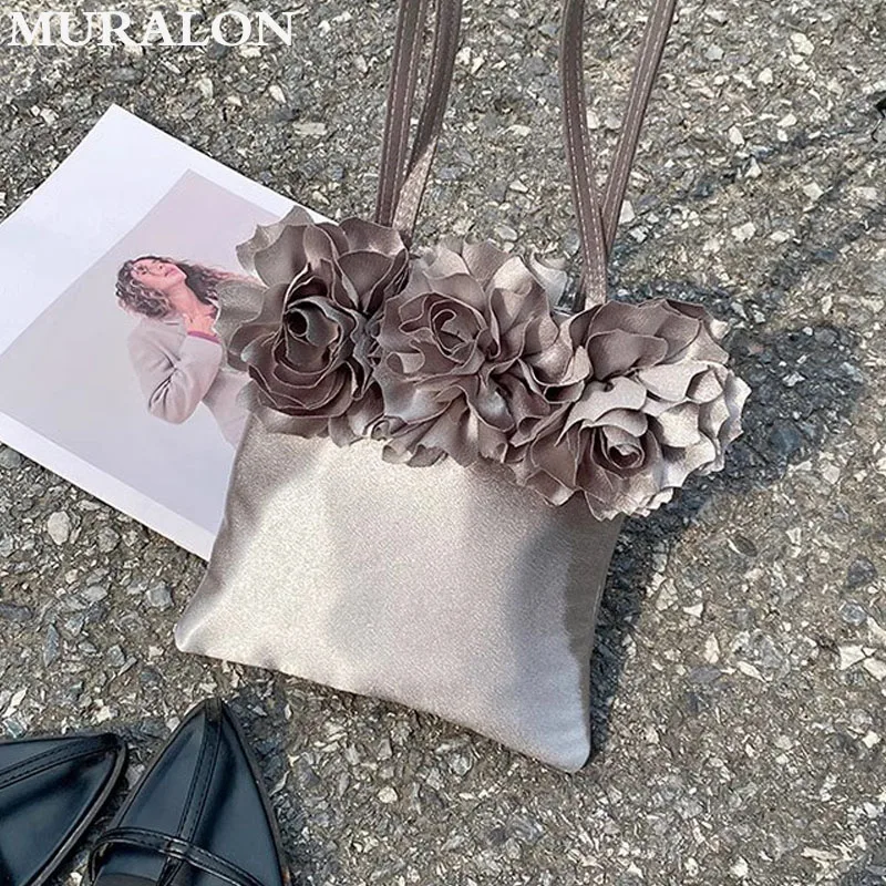 Casual Simple Fairy Style Rose Flower Design Phone Bag Silk Satin Bucket Banquet Small Square Bag Elegant Crossbody Bag