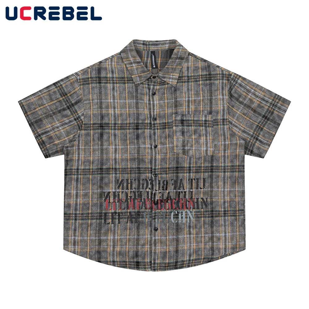 Plaid Letter Print Short Sleeve Shirts Mens Summer High Street Single Breasted Loose Curved Hem Lapel Half-Sleeve Shirts Men