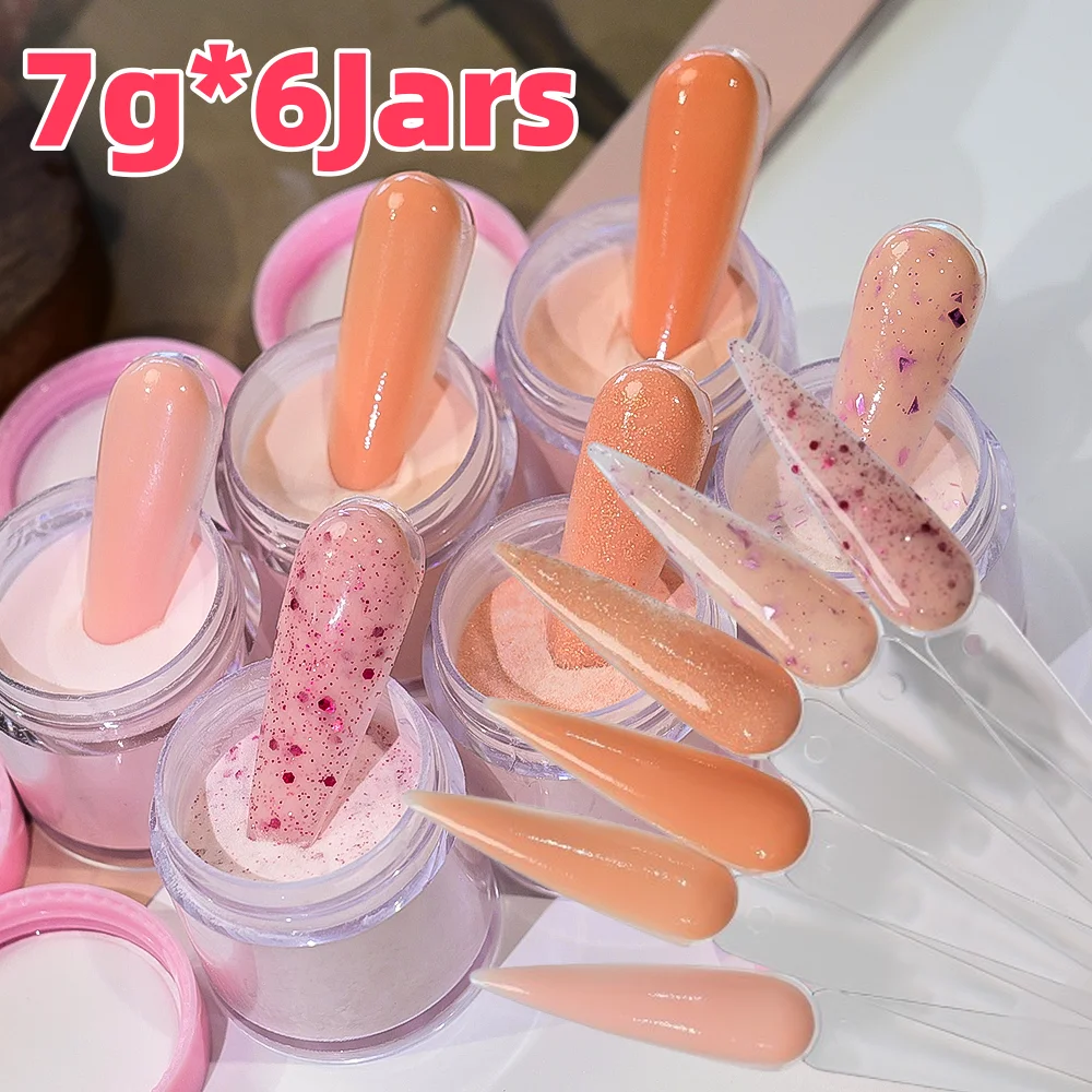 

6Colors/Set Nude Nail Acrylic Powder Solid Color with Glitter Crystal Powders Dipping Pigment Dust for Nail Carving Extension &