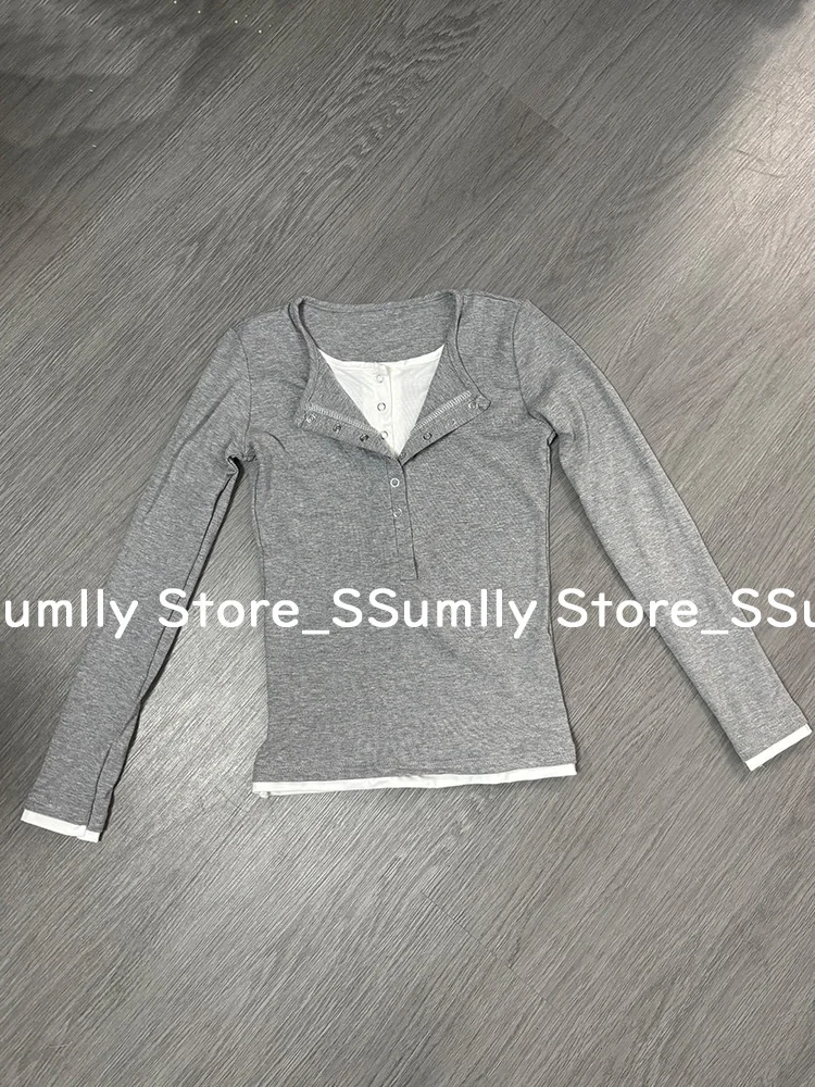 Korean Chic Design Fake Two Pieces Long Sleeves Shirt Women Autumn 2024 New Elegant All Match Slim Fit Slimming Base Tops Winter