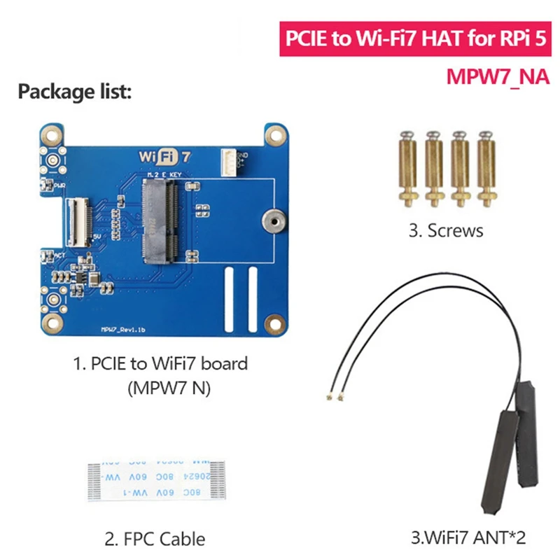 MPW7NA для Raspberry Pi 5 PCIE к модулю M.2 E-Key Wi-Fi7 + 2 антенны BE200, синяя печатная плата, поддержка Google TPU, Wif6e AX210, адаптер AX200