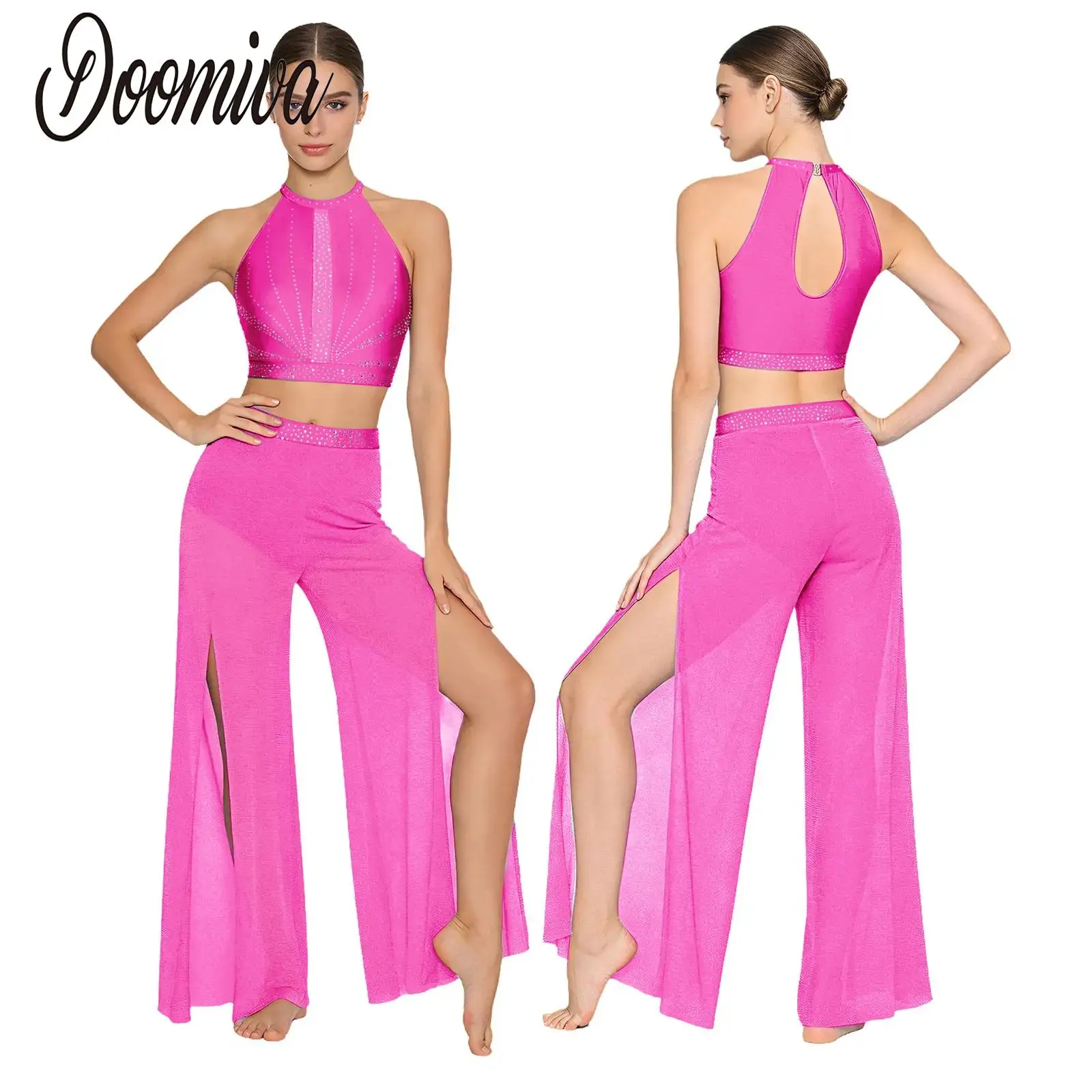 

Women Sheer Shimmery Gymnastic Ballet Jumpsuit Costume Outfit Sleeveless Vest And Sequin Mesh Pants for Modern Skating Dancewear
