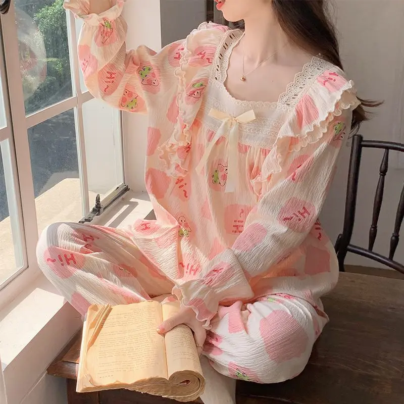 Lace Printed Sleepwear Women Pajamas Sets Long Sleeve Pants Korean Spring Autumn Nightwear Suit Kawaii Clothing Girl Homewear