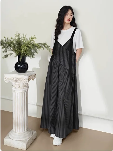 Fashionable Retro Striped Wide Leg Pants Bib Overalls Loose Fit Summer 2026 Women's Clothing Polyester Long Trousers