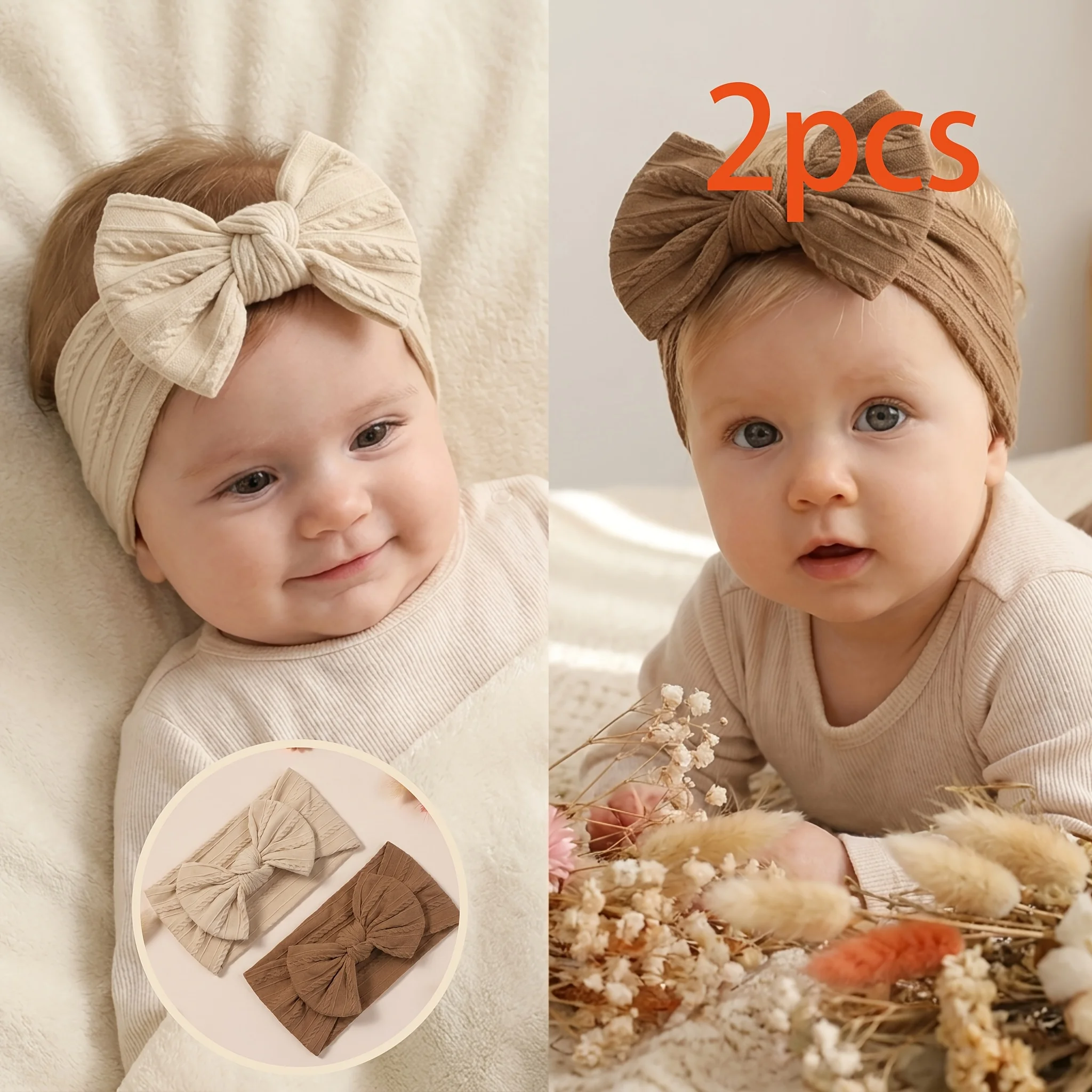 2Pcs Baby Girl Cable Knit Bow Headband Soft Stretchy Newborn Infant Toddler Hair Accessories Photography Props Beige Brown