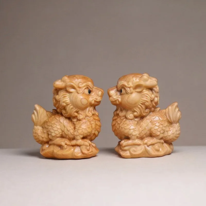 Ya Cypress Wood Carving Handlebar, Auspicious Beast Unicorn Creative Home Ornament, Wooden Handicrafts, Wenwan Xiangrui