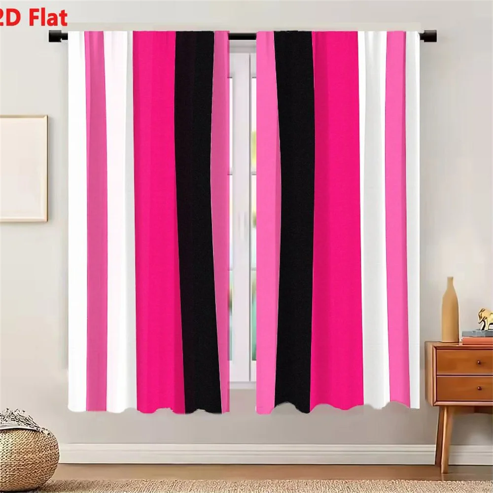 2Pcs Curtains 2D Flat Vertical Stripes Pattern In Various Shades Of Pink Black And White With Repeating Sequence Of Narrow White