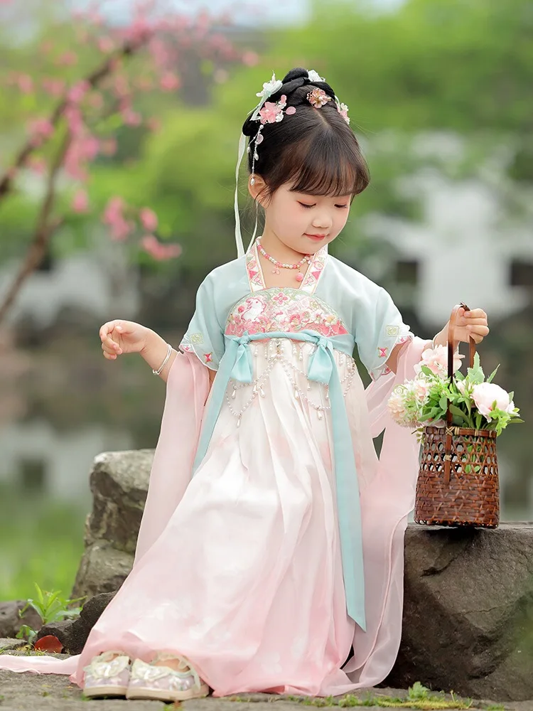 فستان صدر بناتي هانفو ، بدلة تانغ للأطفال ، زي قديم ، أكمام قصيرة ، رقيق ، صيفي