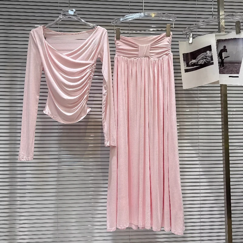 

Temperament Elegant V-neck Hypotenuse Pleated Women's T-shirt 2026 Summer New Solid Color High Waist Long Skirts Suits Ladies