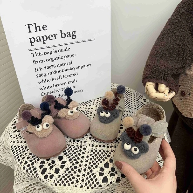 

2024 Girl Shoes Autumn Winter Warm Cotton Plush Leather Shoes Casual Party Dresses Shoes Fashion Soft Sole Loafers Zapatos Niña