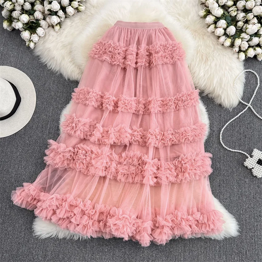 Gowyimme 2025 Spring Summer Women High Waist Irregular Multi-layer Lace Skirt Girl Midi-long A-line Solid Cake Skirts Fairy 1749