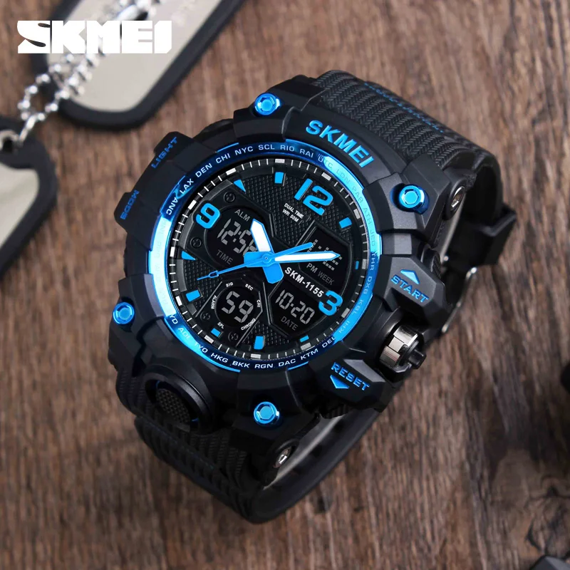 SKMEI 1155B Mens Digital Military Watch Waterproof Dual Display Timing Electronic Watch Anti Shock LED Display reloj hombre 1637
