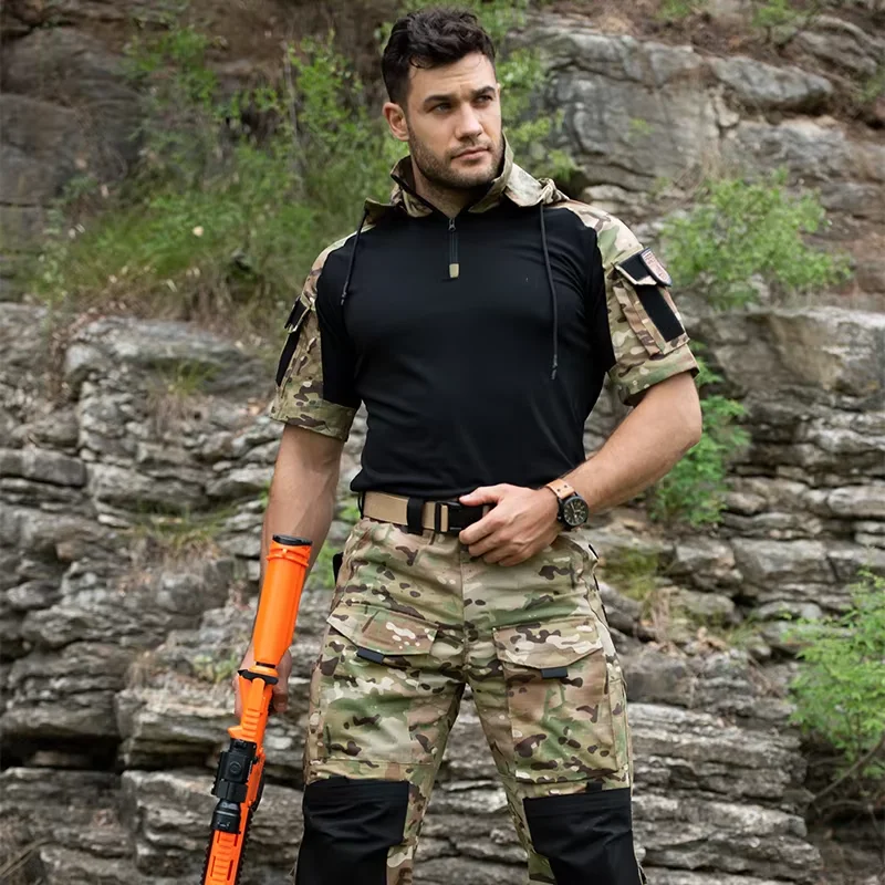 Heren Camouflage Kikkerpak Tactische Outfit T-shirt met korte mouwen en capuchon Outdoor Training Waterdichte werkkleding Ademende uniformen