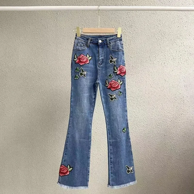 

2024 Jeans Women's New Large-Size Embroidery Slim Elastic High-Waisted Denim Nine-Point Micro-Pants Female Denim Pants Tide