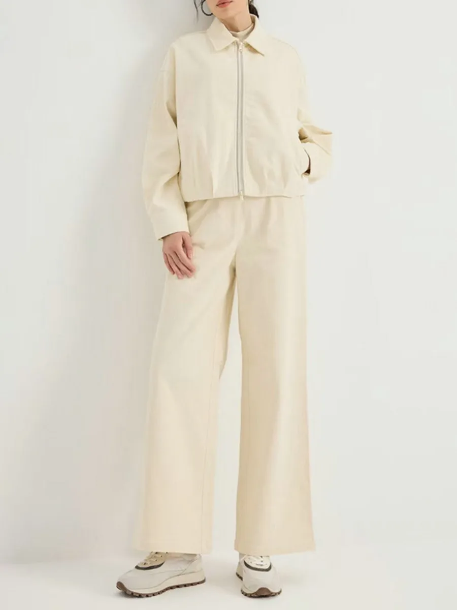 Women's 2026 Autumn Winter New Cotton Blended Casual Set Loose Wide Leg Pants with Short Zipper Jacket
