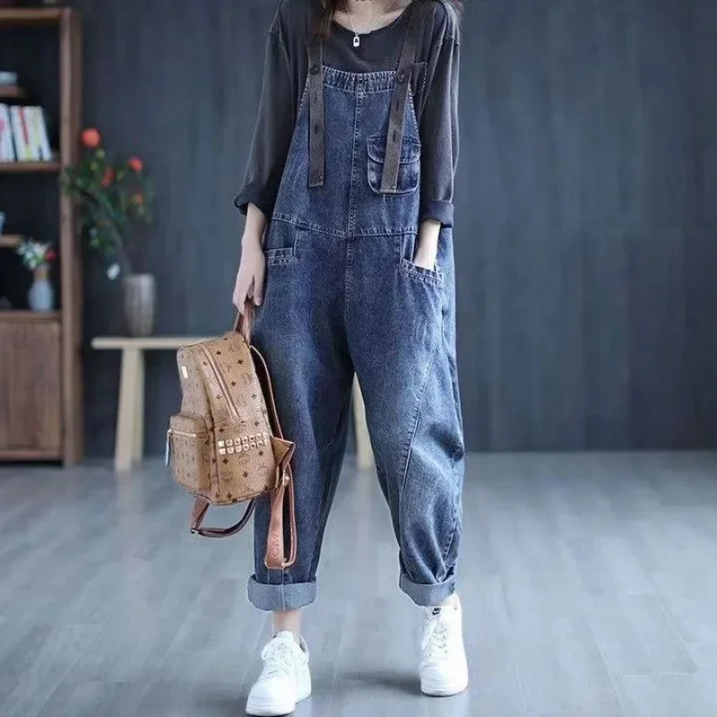 Jumpsuit Women Jeans Rompers New Retro Big Pocket Loose Denim Overalls Fashion Large Size Wide-leg Pants