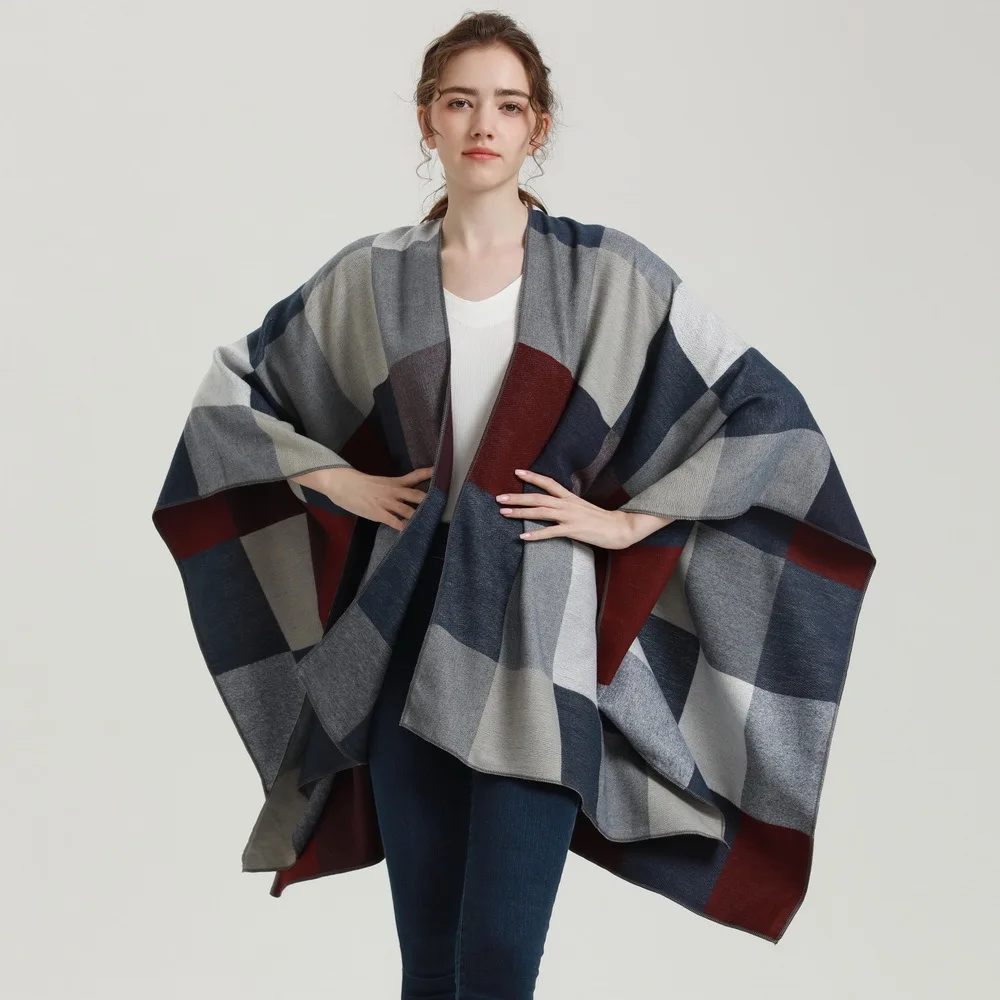 

Fashion New Big Square Plaid Acrylic Cashmere Poncho Long Double Sides Split Cape Unisex Spring Winter Travel Cardigan Shawl