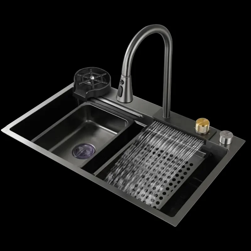 Black Kitchen Faucet Waterfall Stainless Steel Top Mount Workstation R10 Multifunctional Kitchen Sink