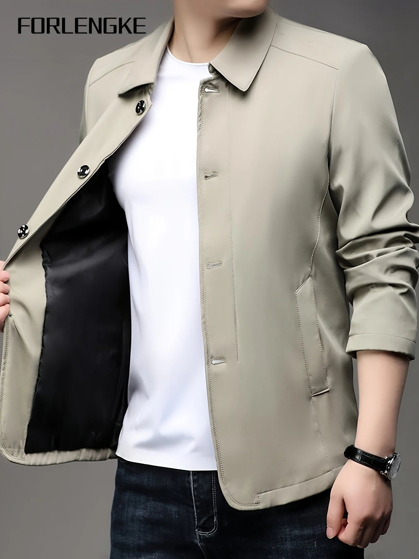 FORLENGKE Men Business Lapel Jacket, Slim Fit Lightweight Button Up Outerwear For Spring Autumn Office Daily Casual Wear