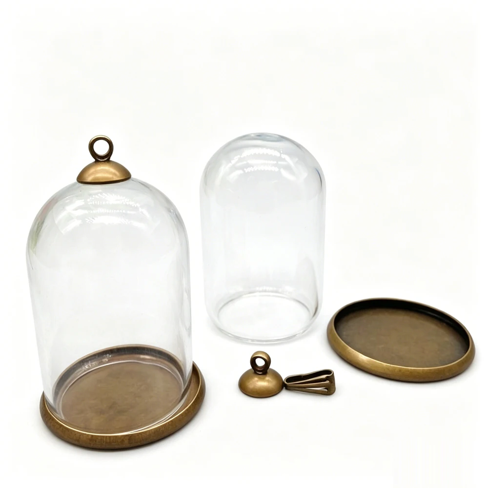 100Set/Lot 25x38mm Bell Jar Shape Glass Bubble Bottle with Tray And Top Connector Clear DIY Necklace Accessories Finding Tube