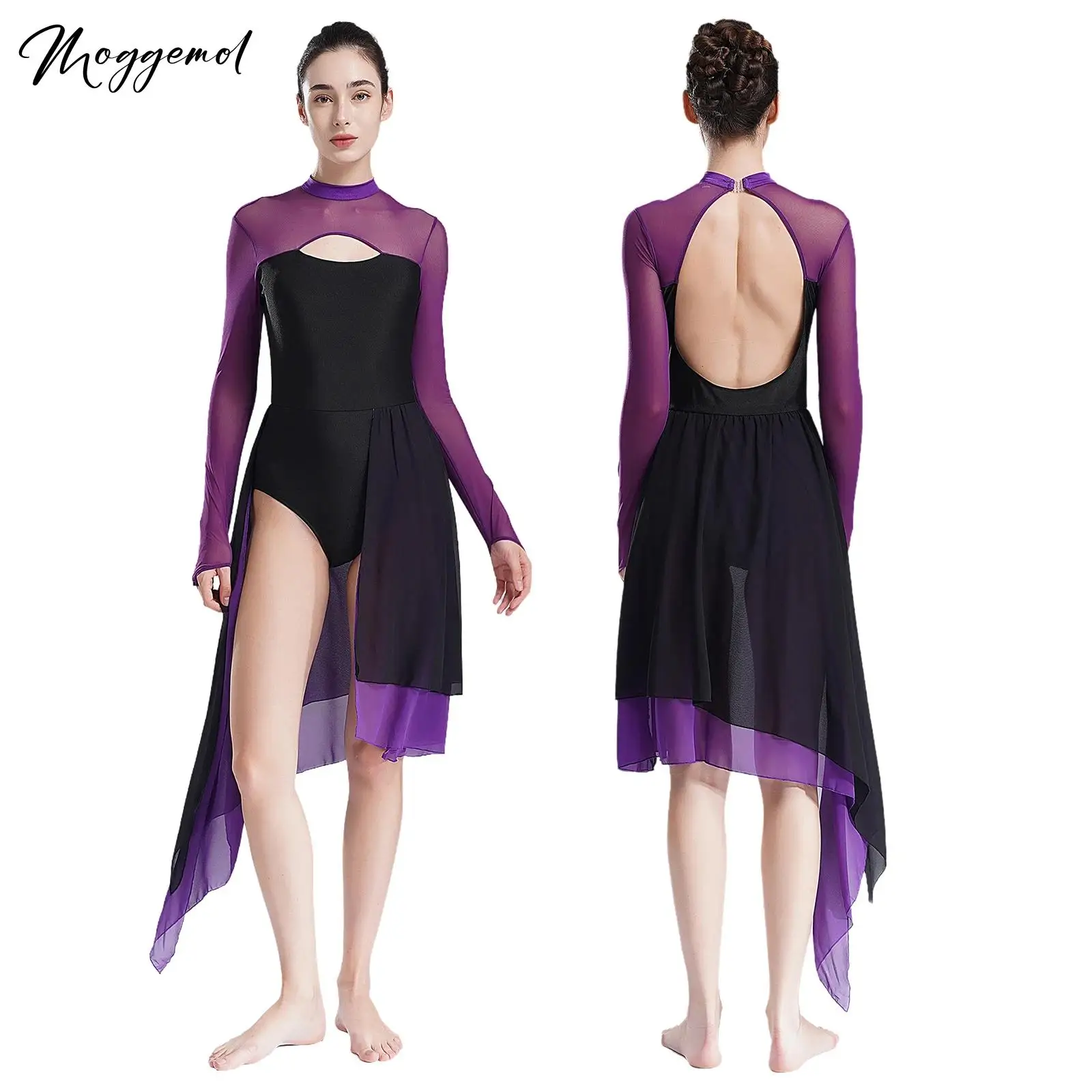 Vestido de dança lírica feminino malha pura manga longa vestido irregular collant moderno ballet collant vestido traje patinação dancewear