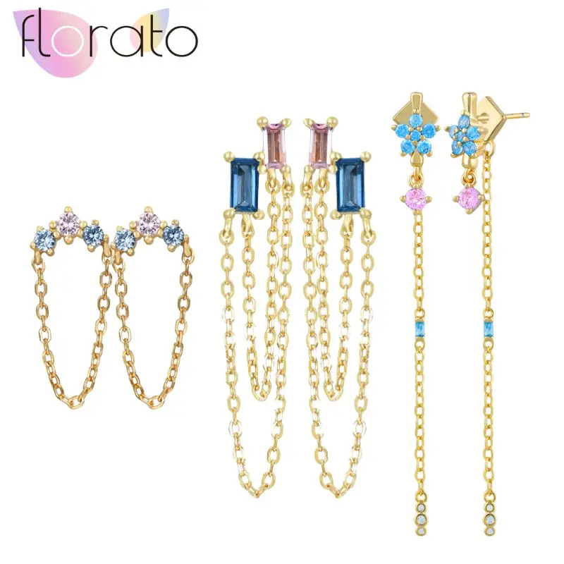 

925 Sterling Silver Needle Temperament High-end Design Irregular Blue Pink Zircon Earrings Pendant Women Sweet Romantic Jewelry