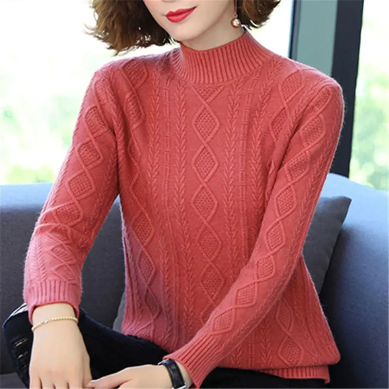 

2024 Woolen Loose Sweater Women's New Autumn and Winter Knitted Jacquard Pullover Bottom Shirt Half High Collar Thickened LJ416